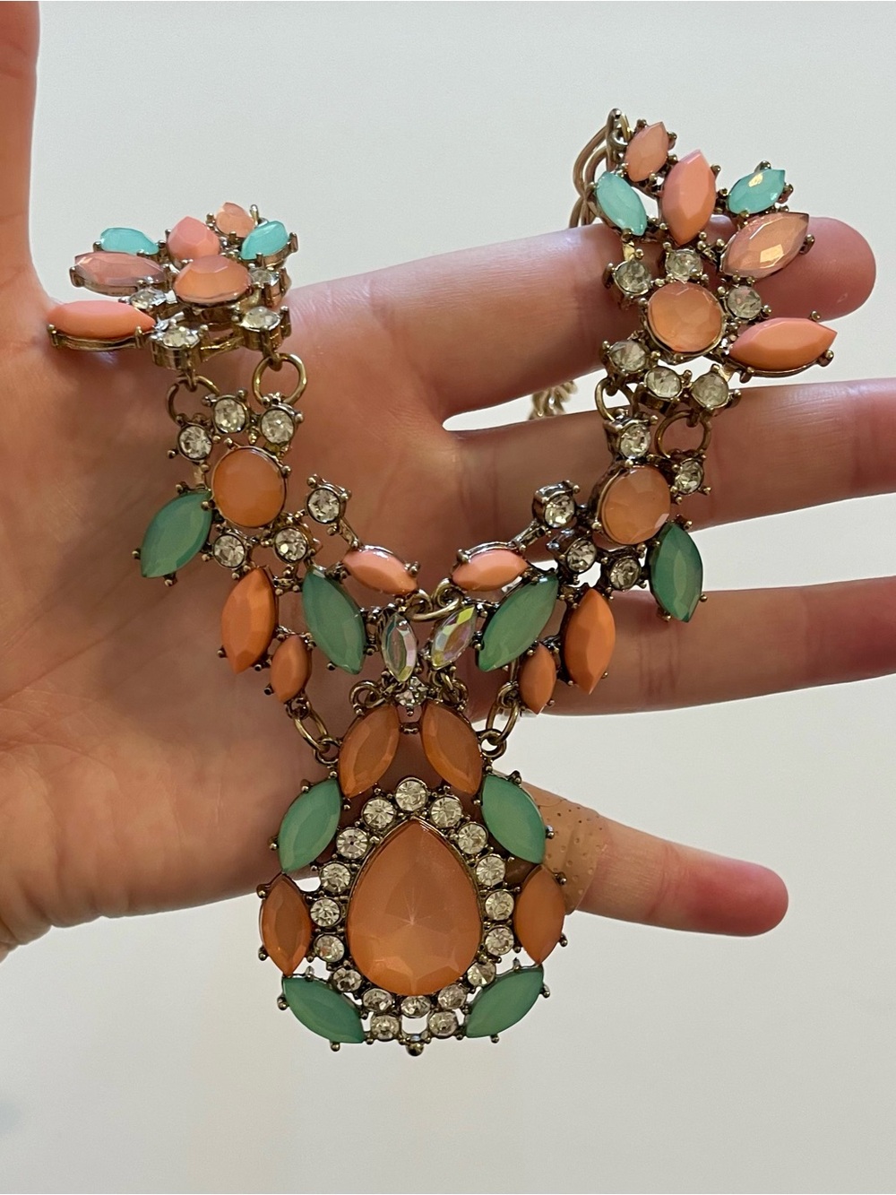 Gold Tone Chain Statement Necklace with Pink and Aqua Gemstones - Picture 2 of 5